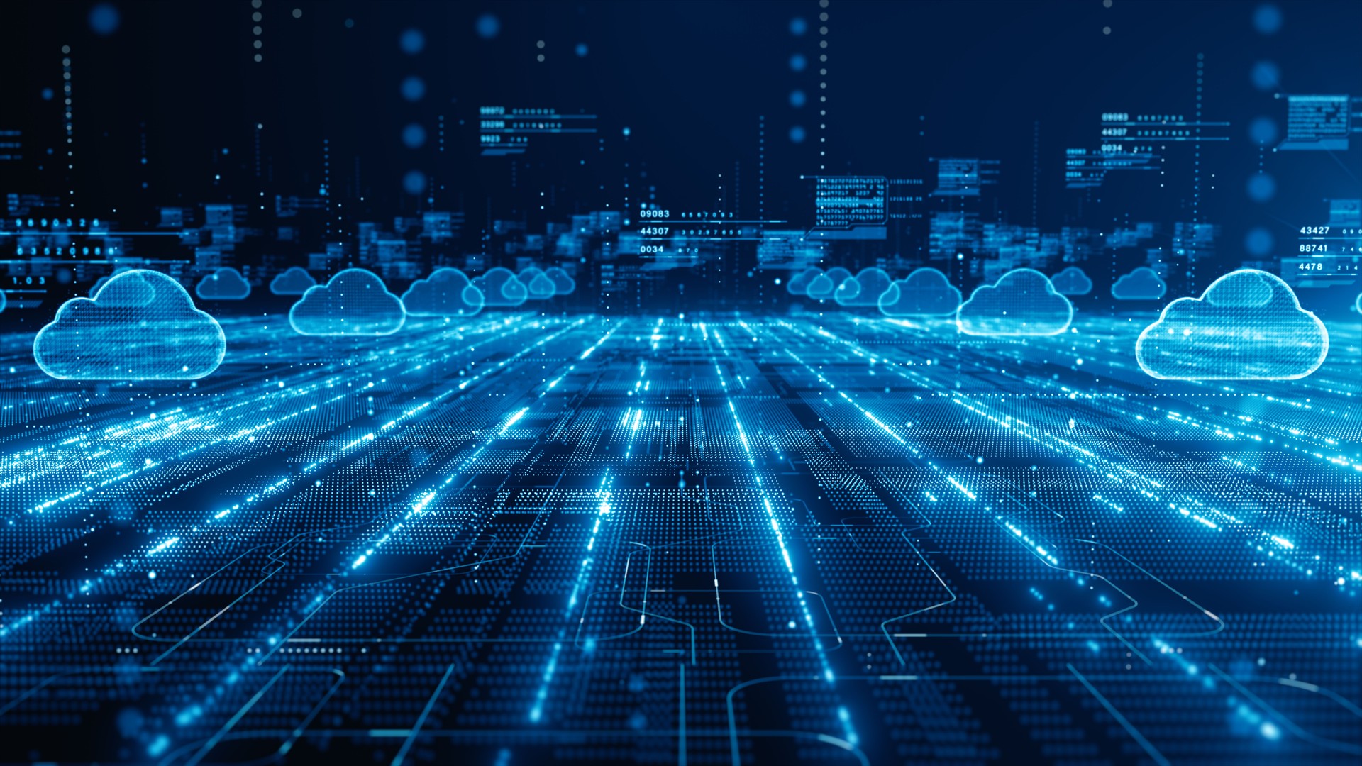Futuristic cloud computing network with glowing digital pathways, representing cloud technology, data flow, and global connectivity. Cybersecurity digital data background, 3D Rendering